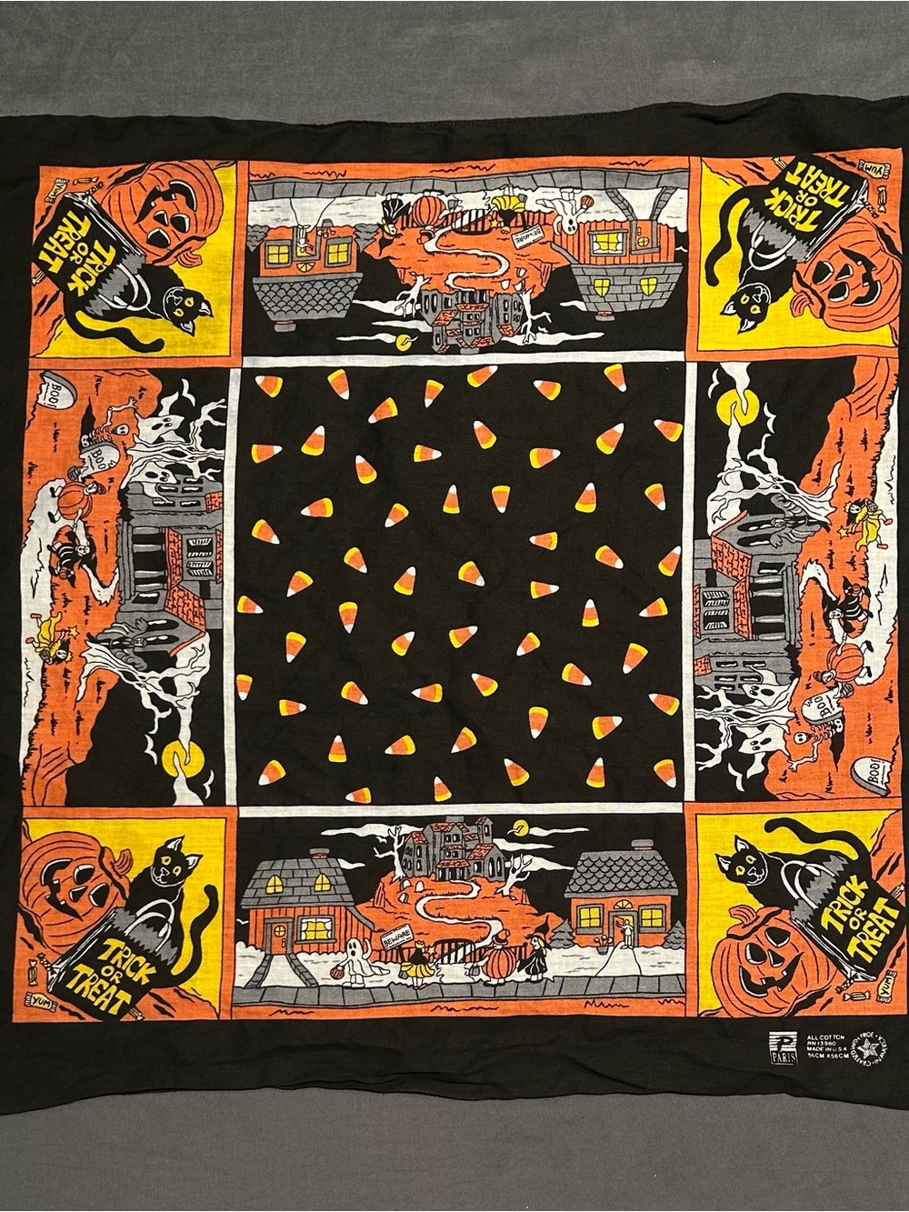 Vintage 90s Paris Halloween Bandana - Candy Corn, Black Cat, Trick or Treat AOP